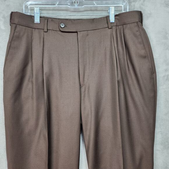 Mens 34x28 Brown Pleated Silky Cuffed Dress Pants Relaxed Straight Career Office - Picture 4 of 9